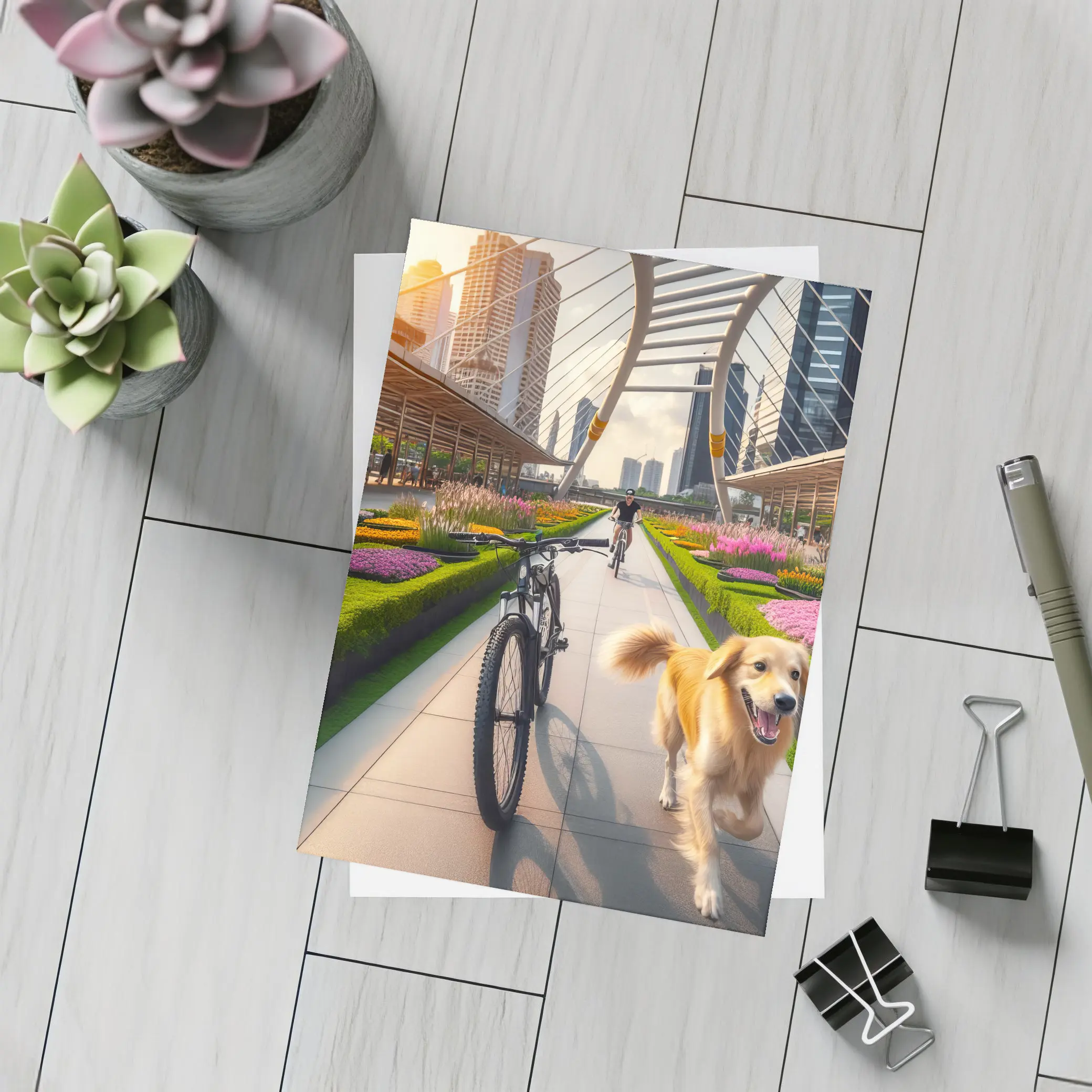 Golden Retriever Running Urban Park Cityscape – Postcards