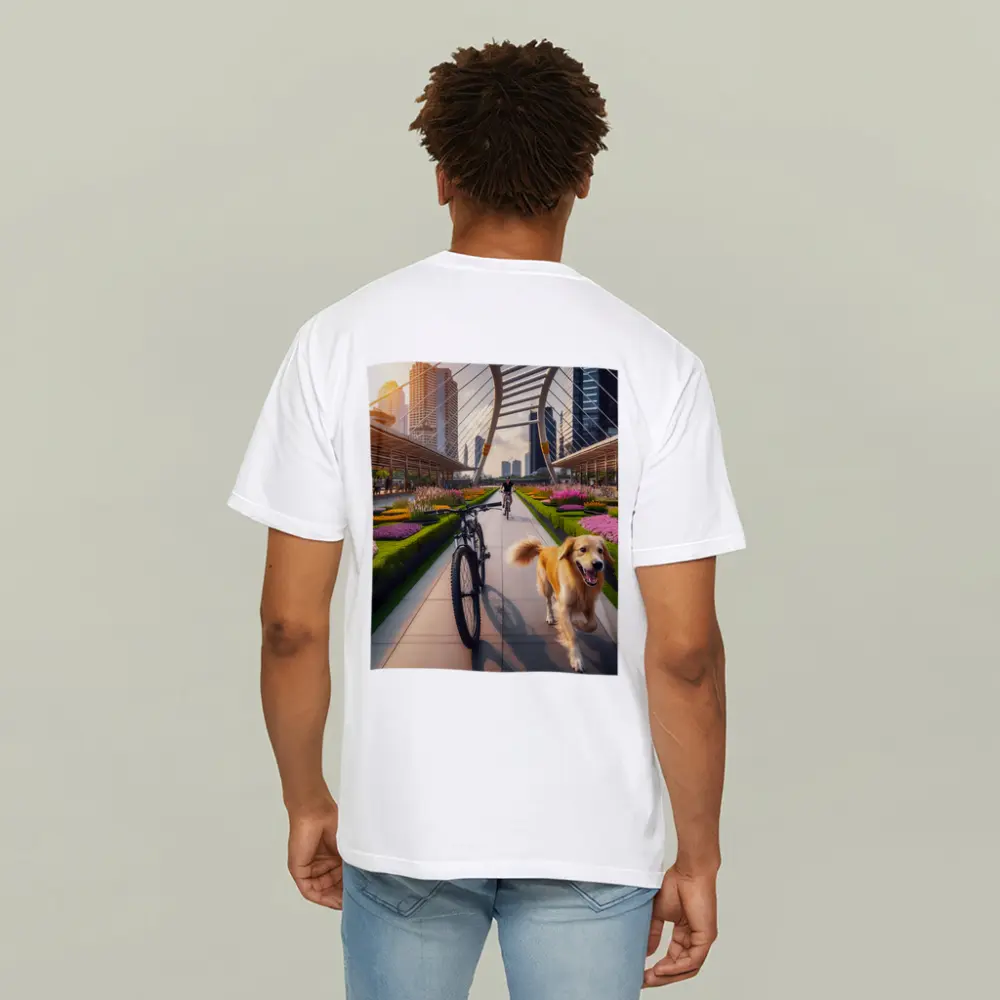 Golden Retriever Running Urban Park Cityscape – T-Shirts