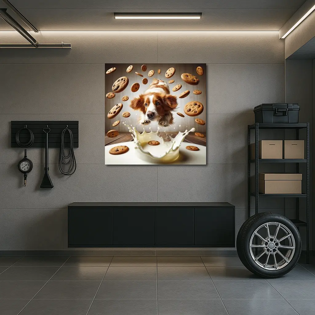 Spaniel Dog Diving Into Milk Cookies – Wall Art
