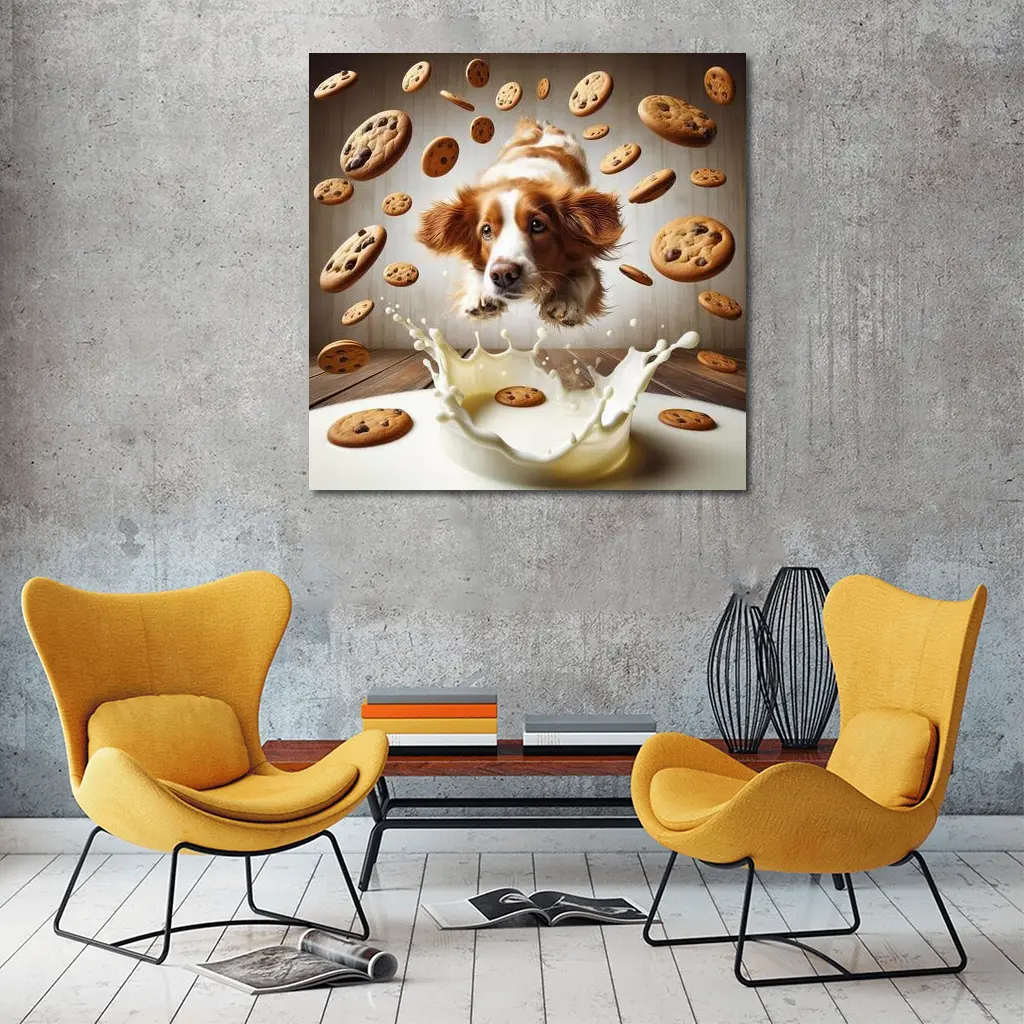 Spaniel Dog Diving Into Milk Cookies – Wall Art