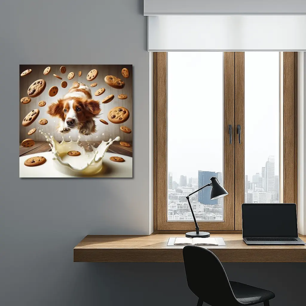 Spaniel Dog Diving Into Milk Cookies – Wall Art