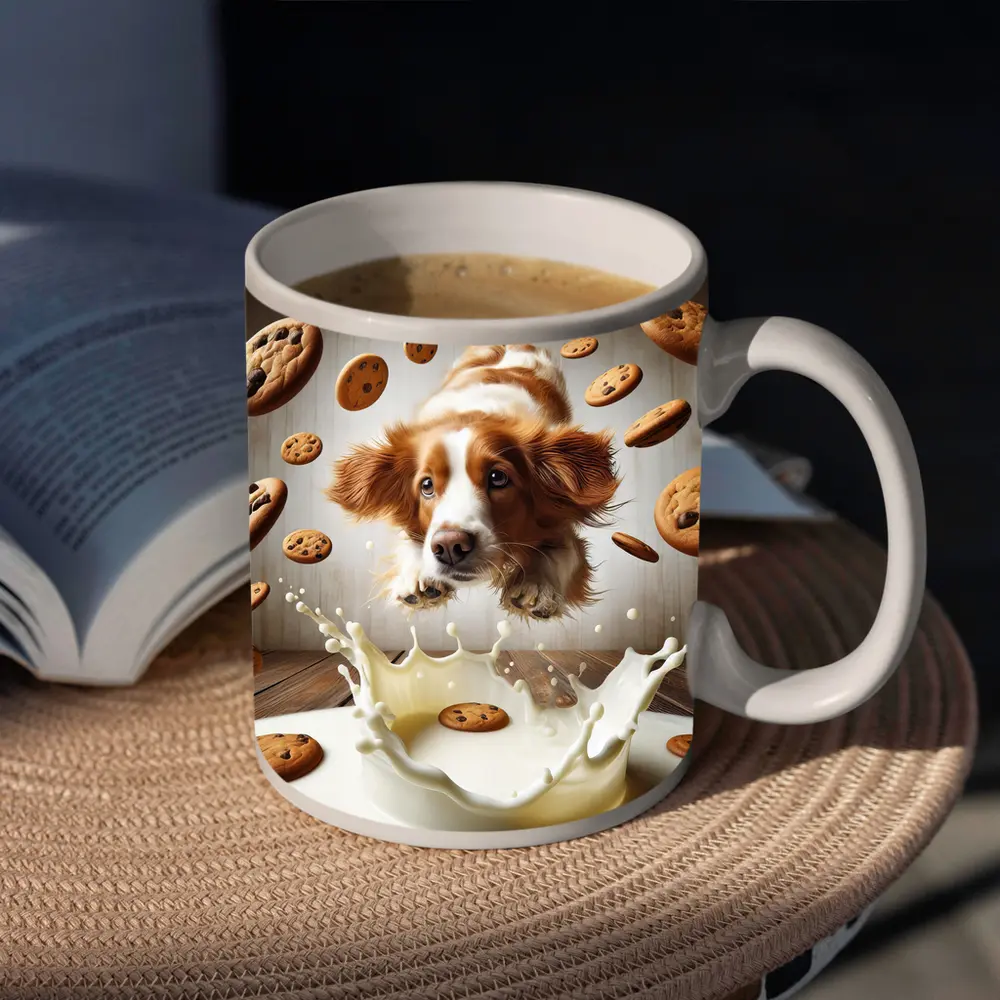 Spaniel Dog Diving Into Milk Cookies – Mugs