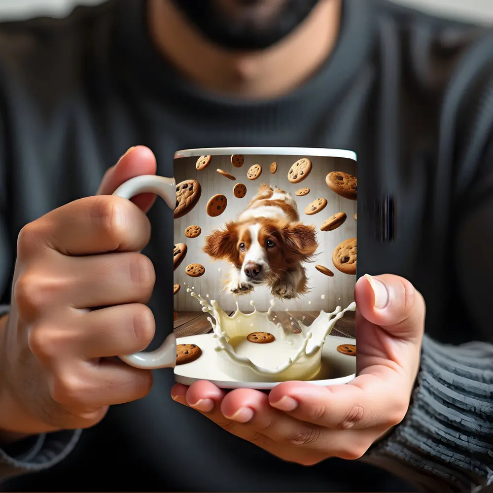 Spaniel Dog Diving Into Milk Cookies – Mugs