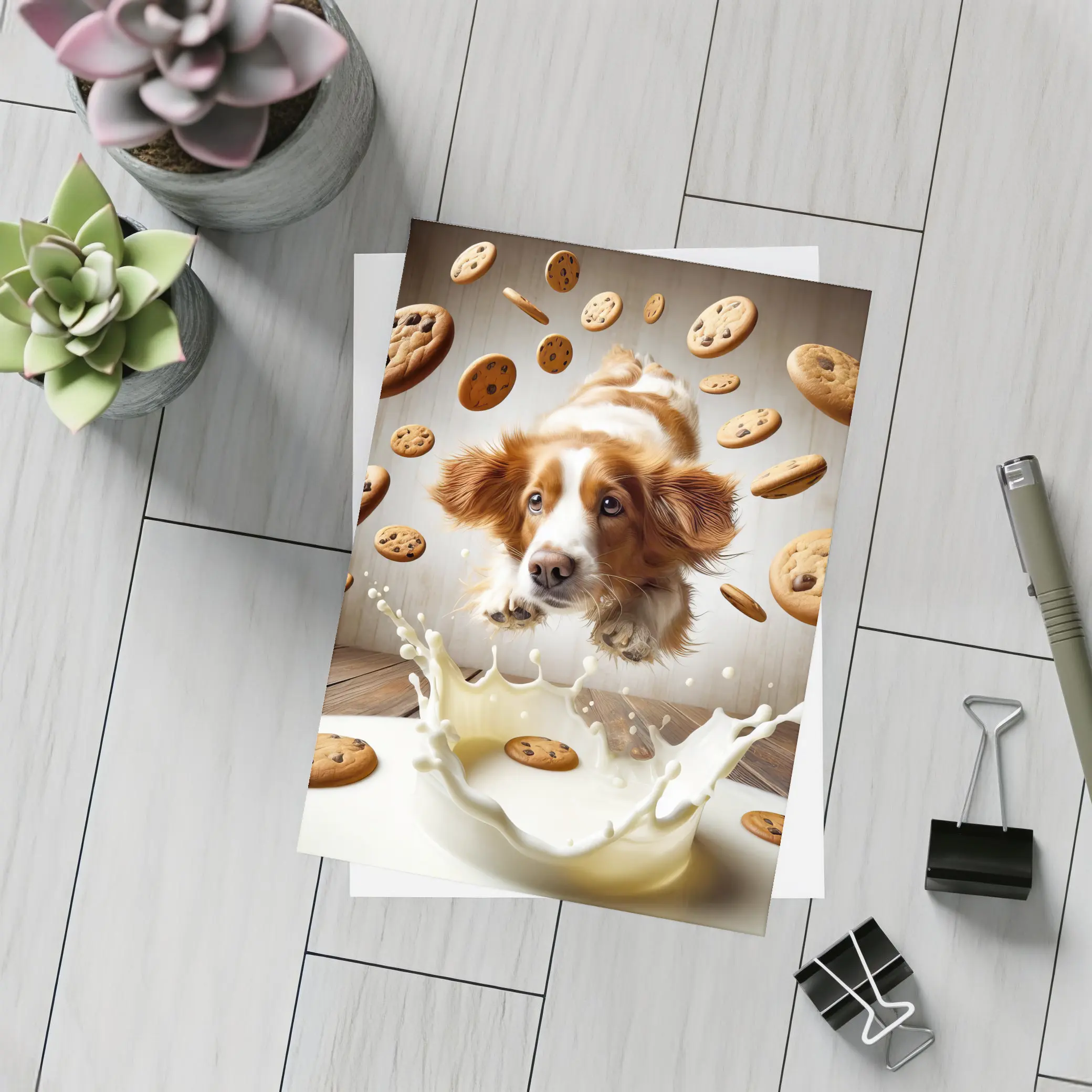 Spaniel Dog Diving Into Milk Cookies – Postcards