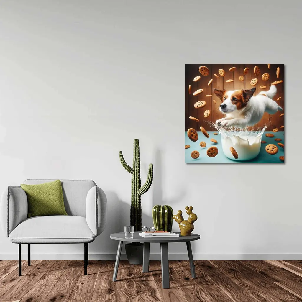 Jack Russell Terrier Jumping Into Milk Cookies – Wall Art