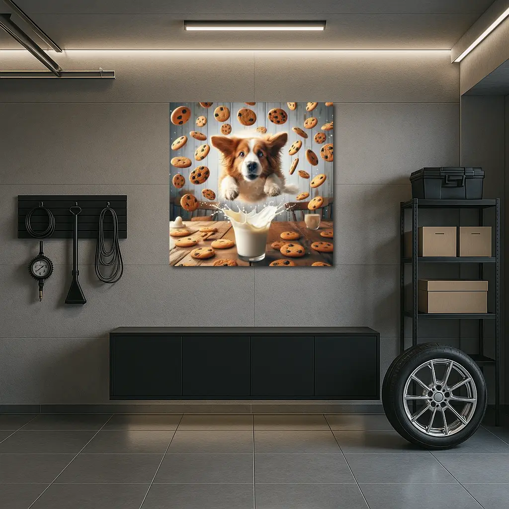 Corgi Dog Jumping Over Milk Glass Cookies – Wall Art