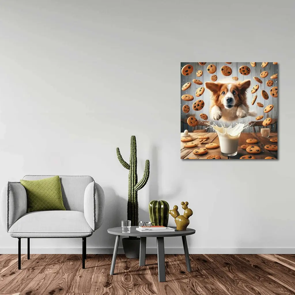 Corgi Dog Jumping Over Milk Glass Cookies – Wall Art