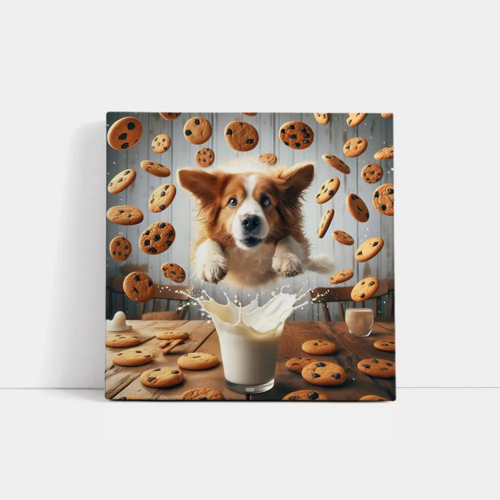Corgi Dog Jumping Over Milk Glass Cookies – Wall Art