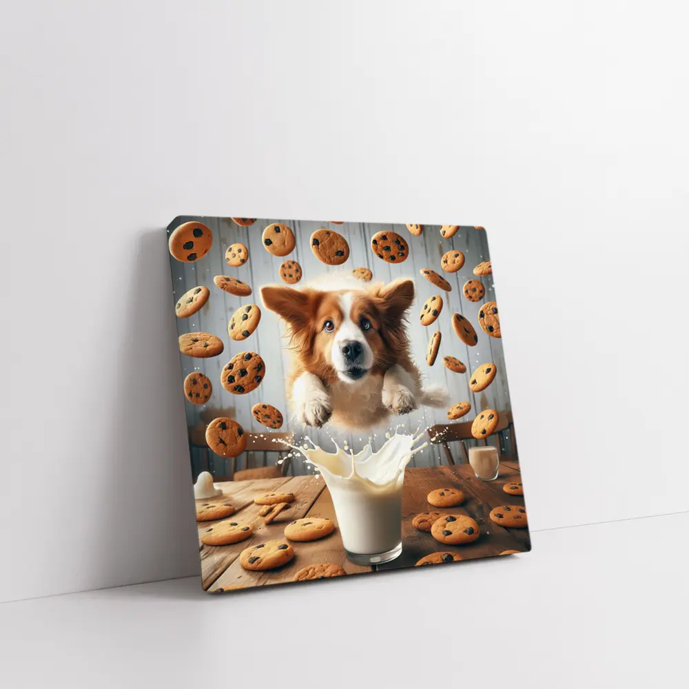Corgi Dog Jumping Over Milk Glass Cookies – Wall Art