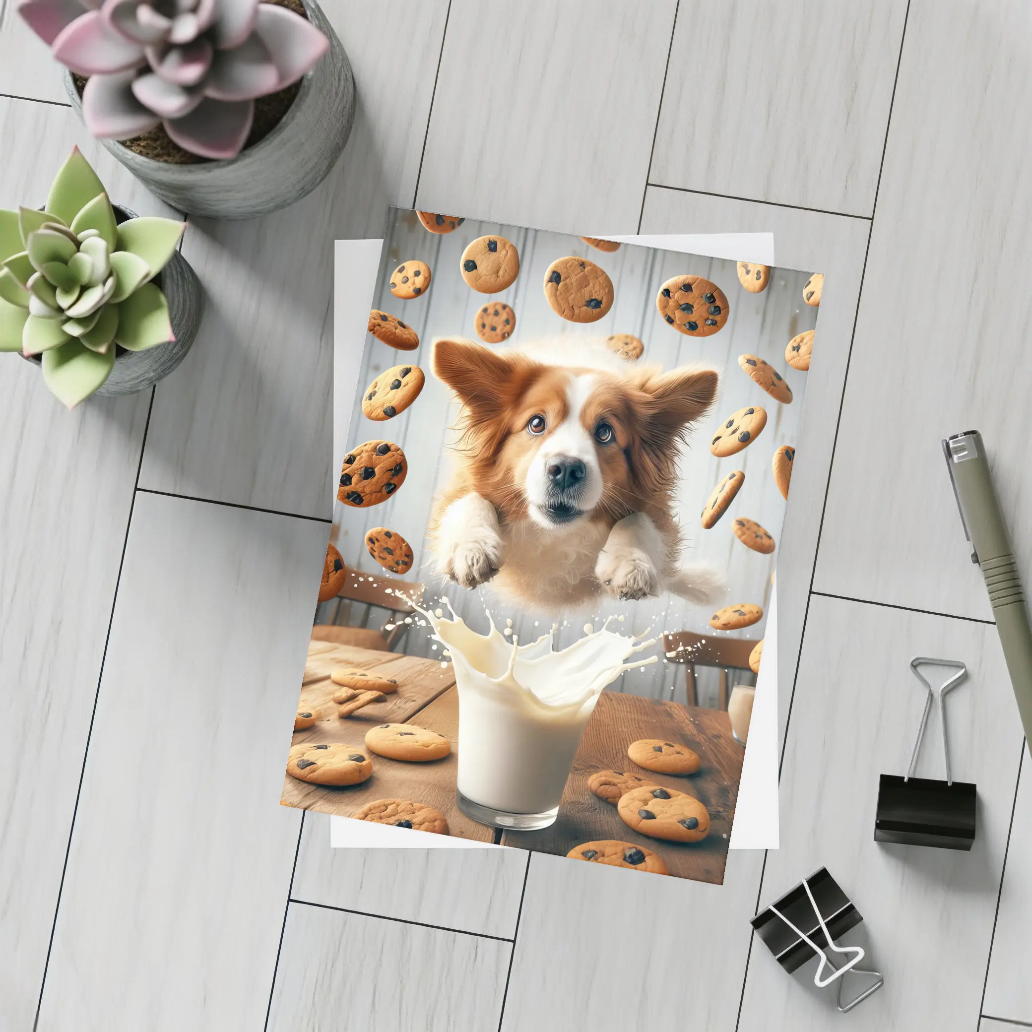 Corgi Dog Jumping Over Milk Glass Cookies – Postcards
