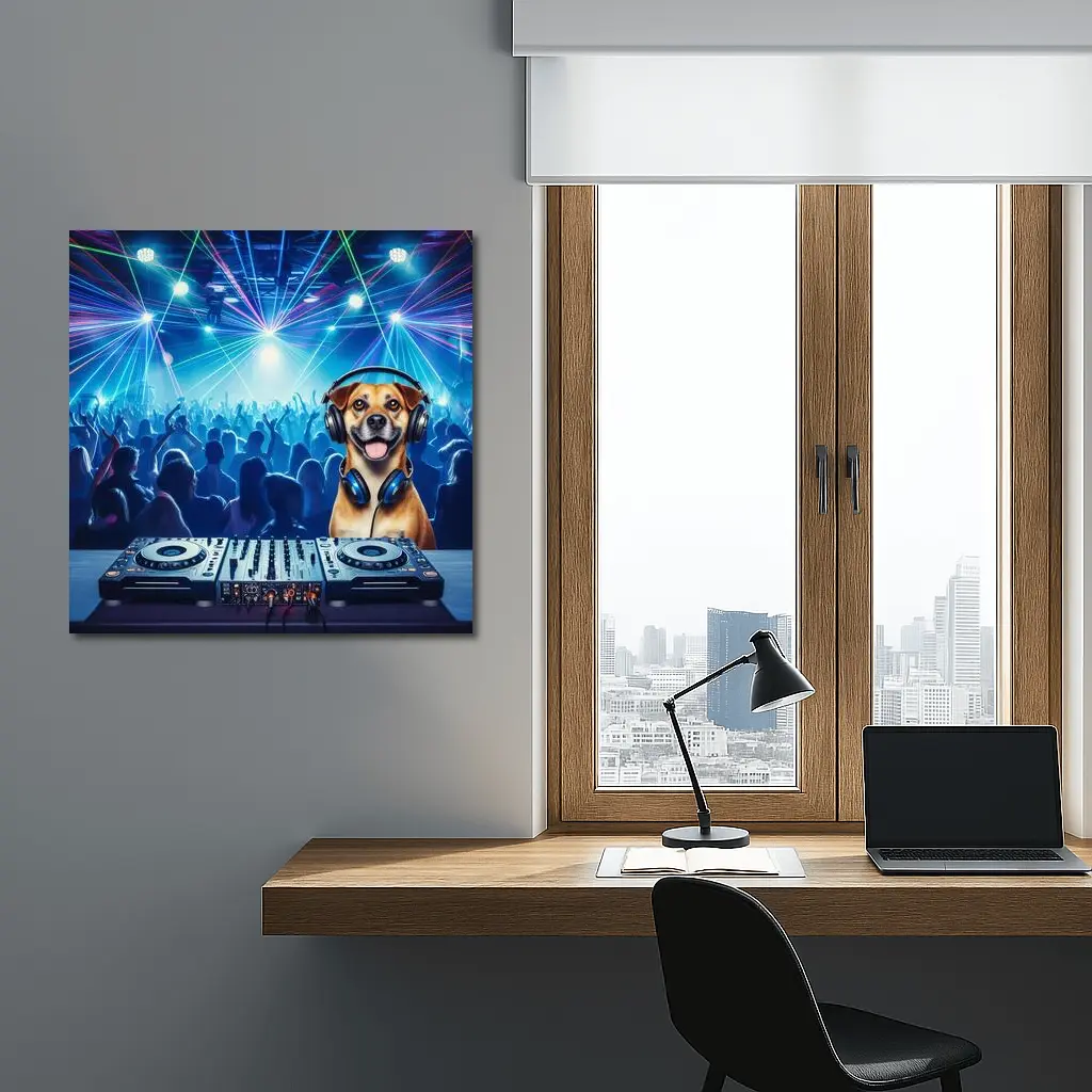 Happy Dog DJ Spinning at Night Club – Wall Art