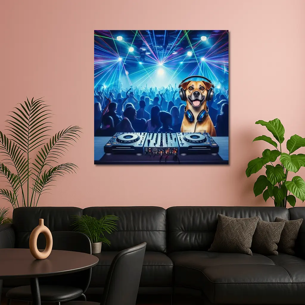 Happy Dog DJ Spinning at Night Club – Wall Art