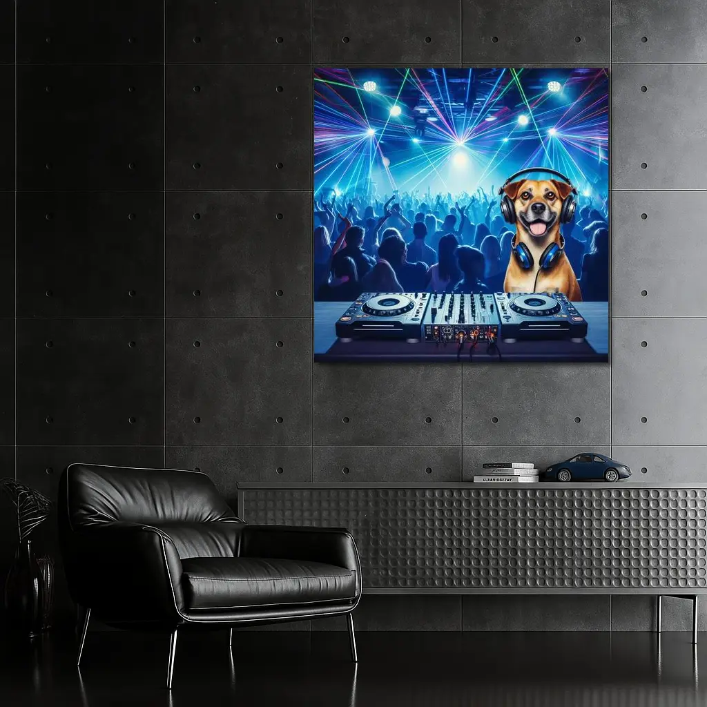 Happy Dog DJ Spinning at Night Club – Wall Art