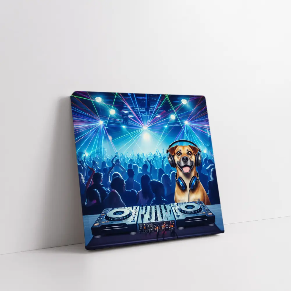 Happy Dog DJ Spinning at Night Club – Wall Art