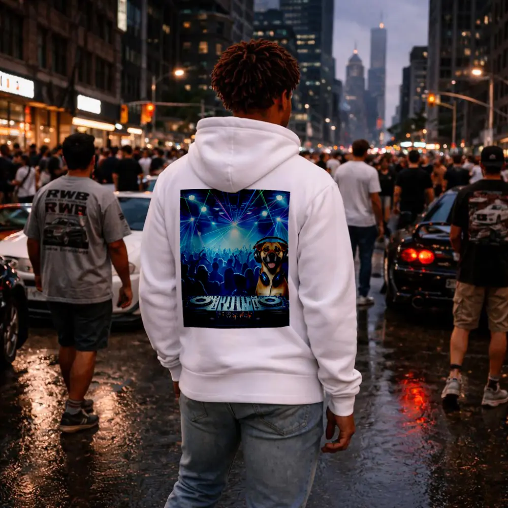 Happy Dog DJ Spinning at Night Club – Hoodies