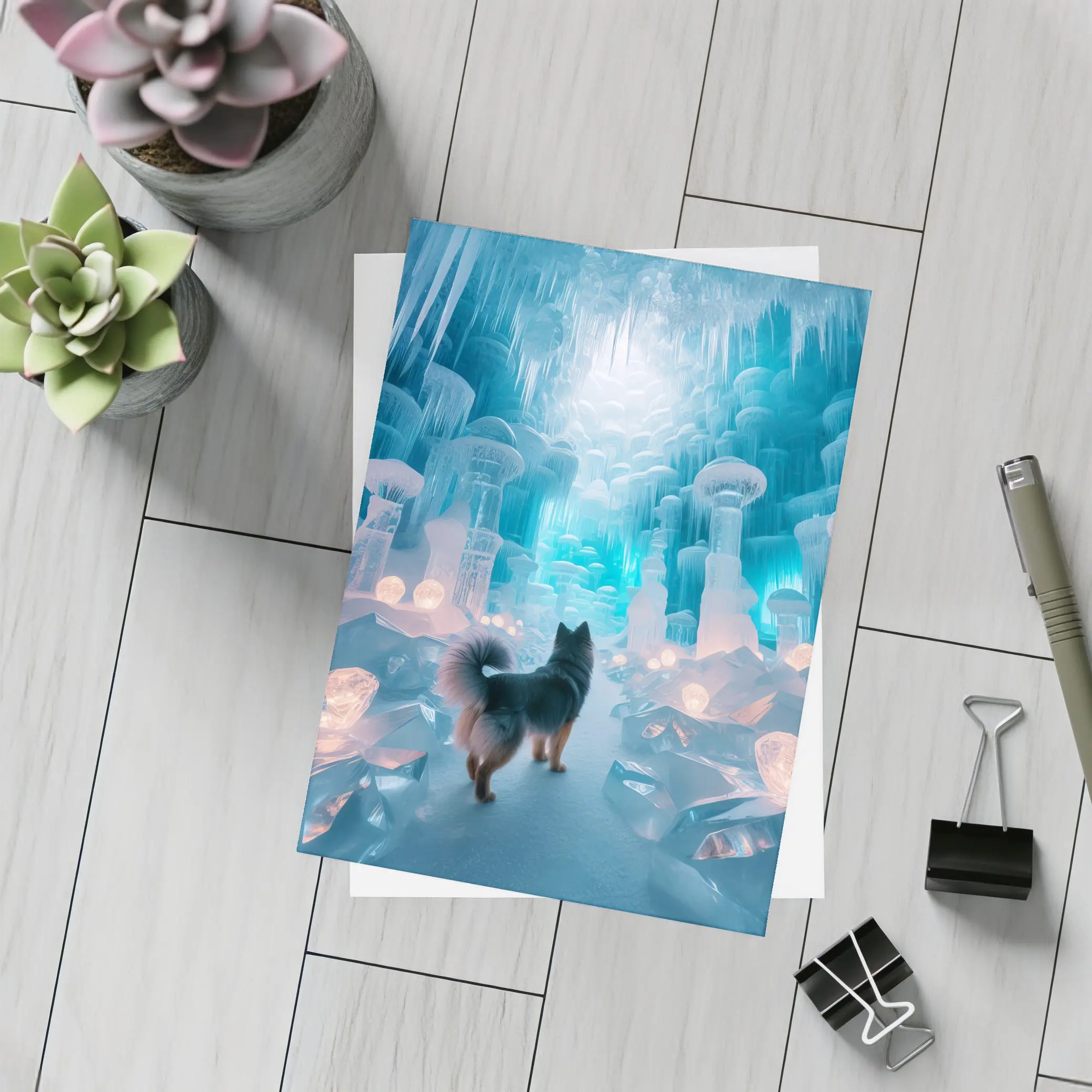 Finnish Spitz Dog In Glowing Ice Cave – Postcards
