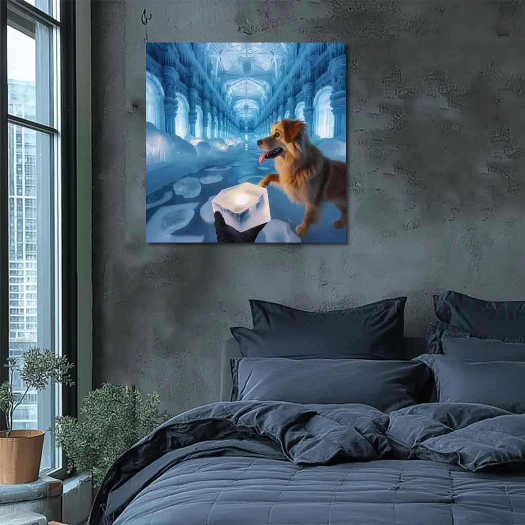 Golden Dog Exploring Magical Ice Palace – Wall Art