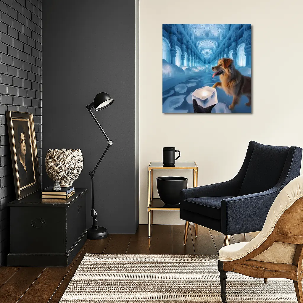 Golden Dog Exploring Magical Ice Palace – Wall Art