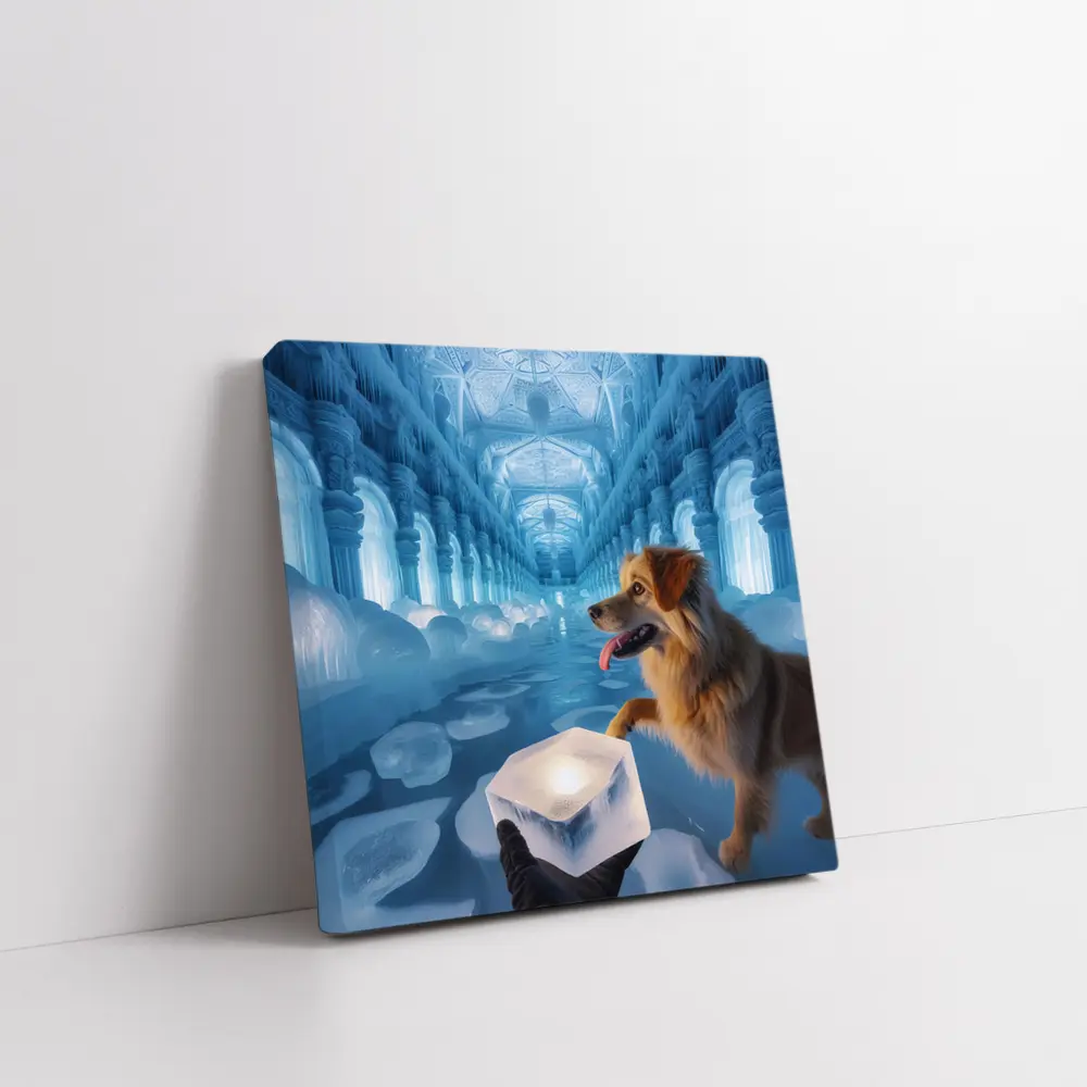 Golden Dog Exploring Magical Ice Palace – Wall Art