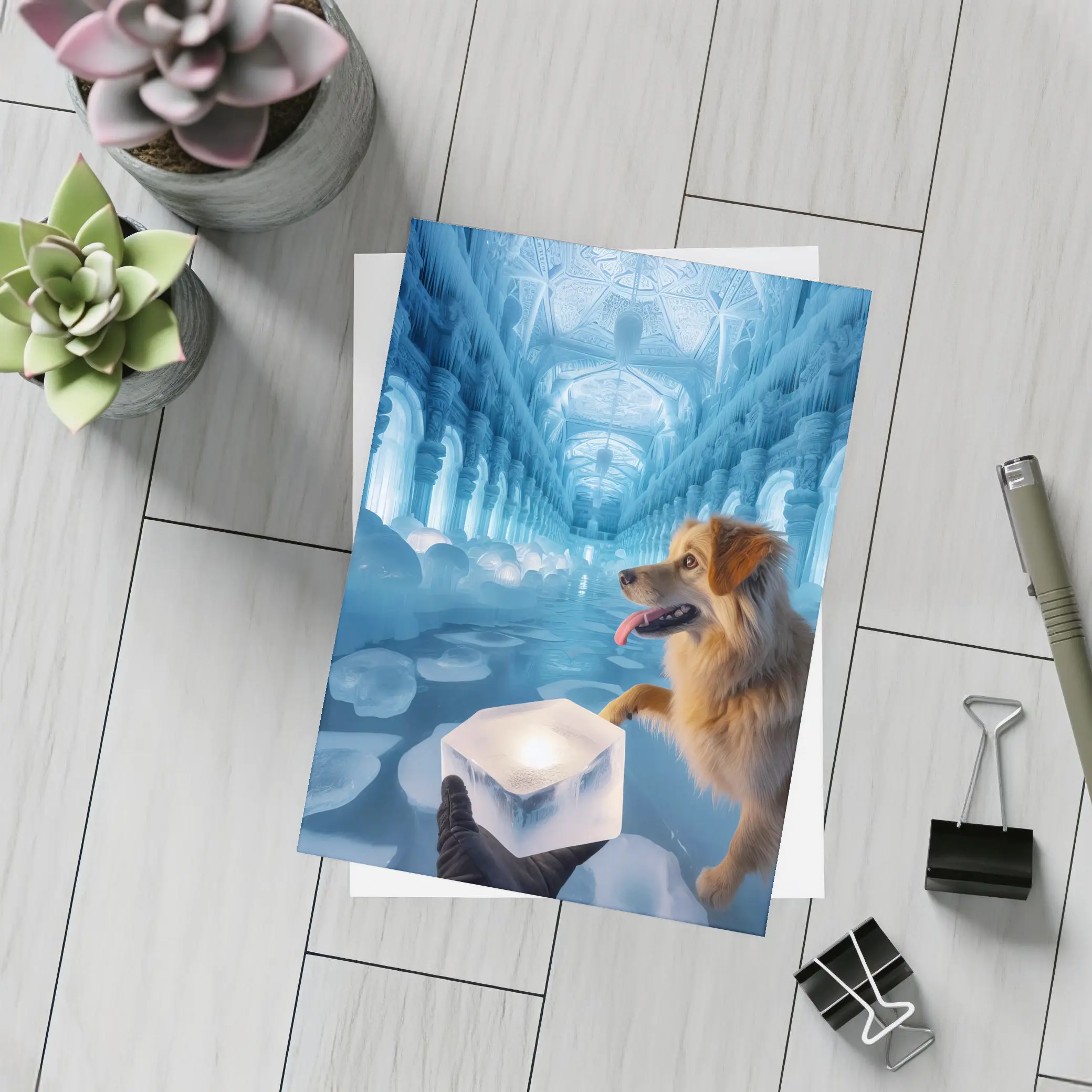 Golden Dog Exploring Magical Ice Palace – Postcards