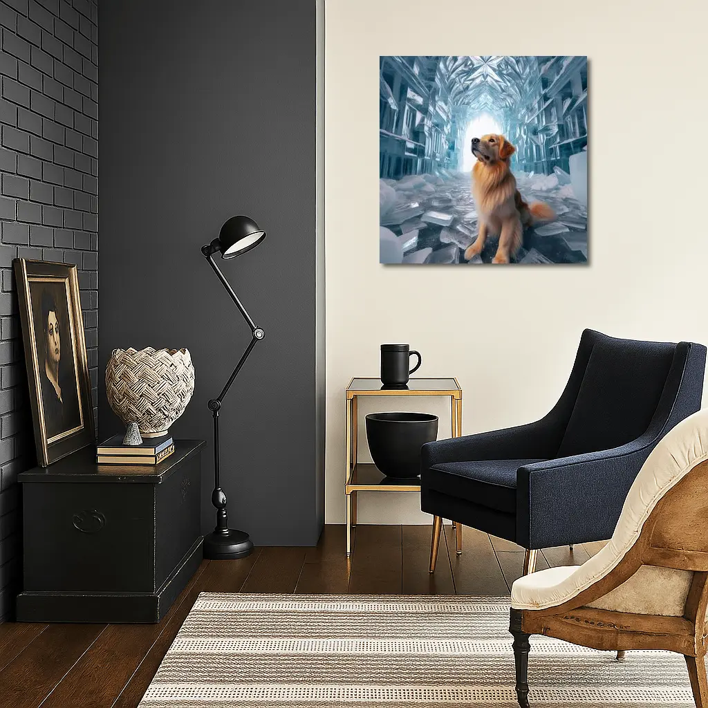 Golden Retriever Sitting In Ice Crystal Cave – Wall Art