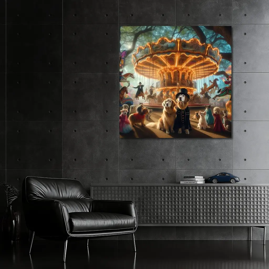 Golden Retriever Dogs Carnival Carousel Fantasy Scene – Wall Art