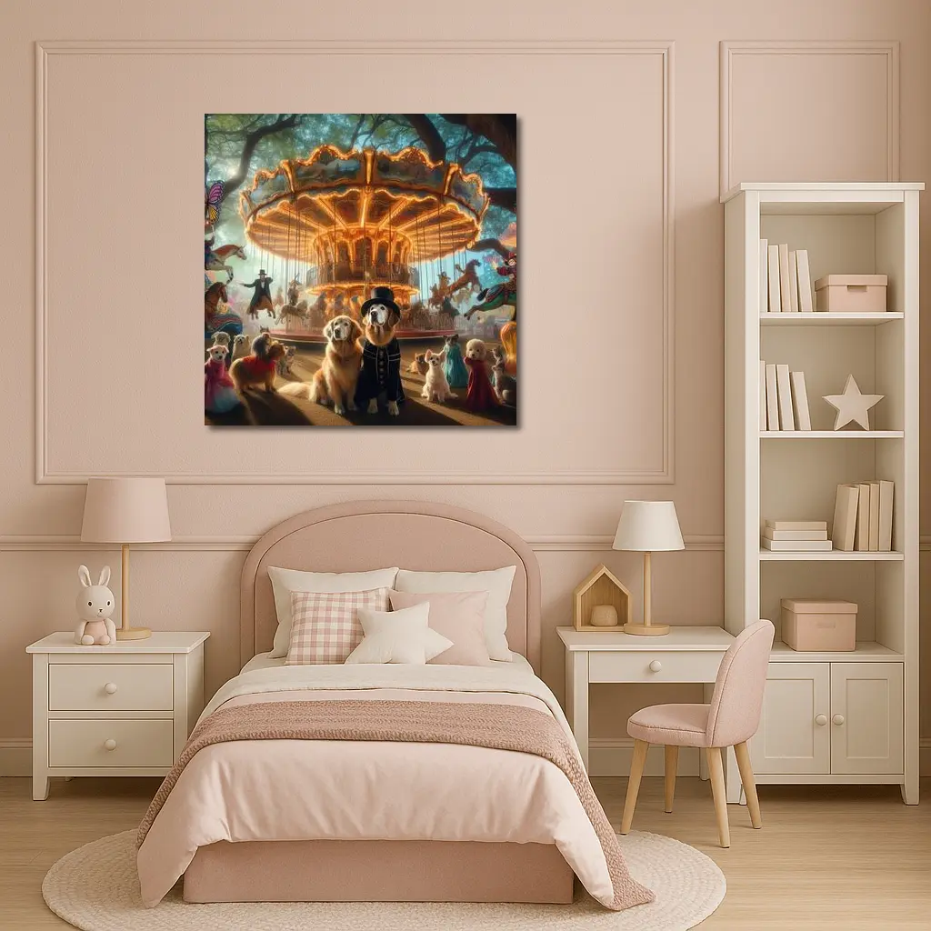 Golden Retriever Dogs Carnival Carousel Fantasy Scene – Wall Art