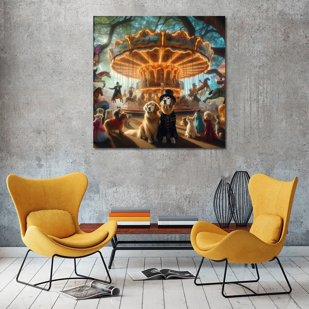 Golden Retriever Dogs Carnival Carousel Fantasy Scene – Wall Art
