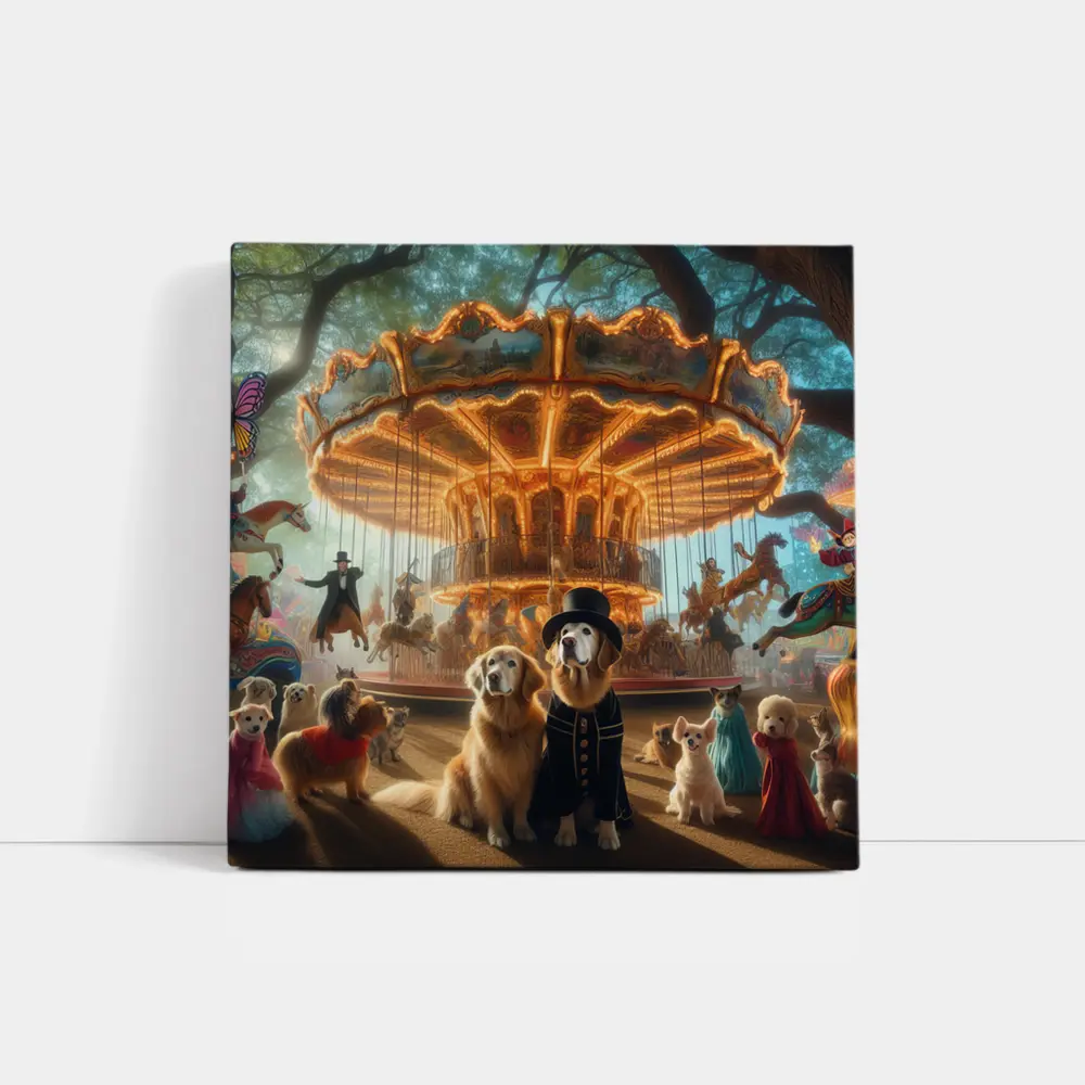 Golden Retriever Dogs Carnival Carousel Fantasy Scene – Wall Art