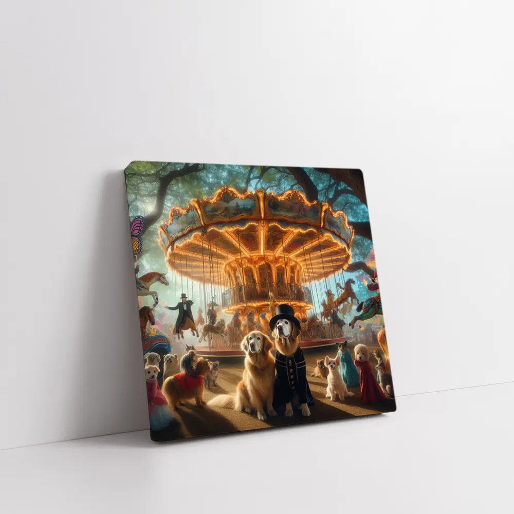 Golden Retriever Dogs Carnival Carousel Fantasy Scene – Wall Art