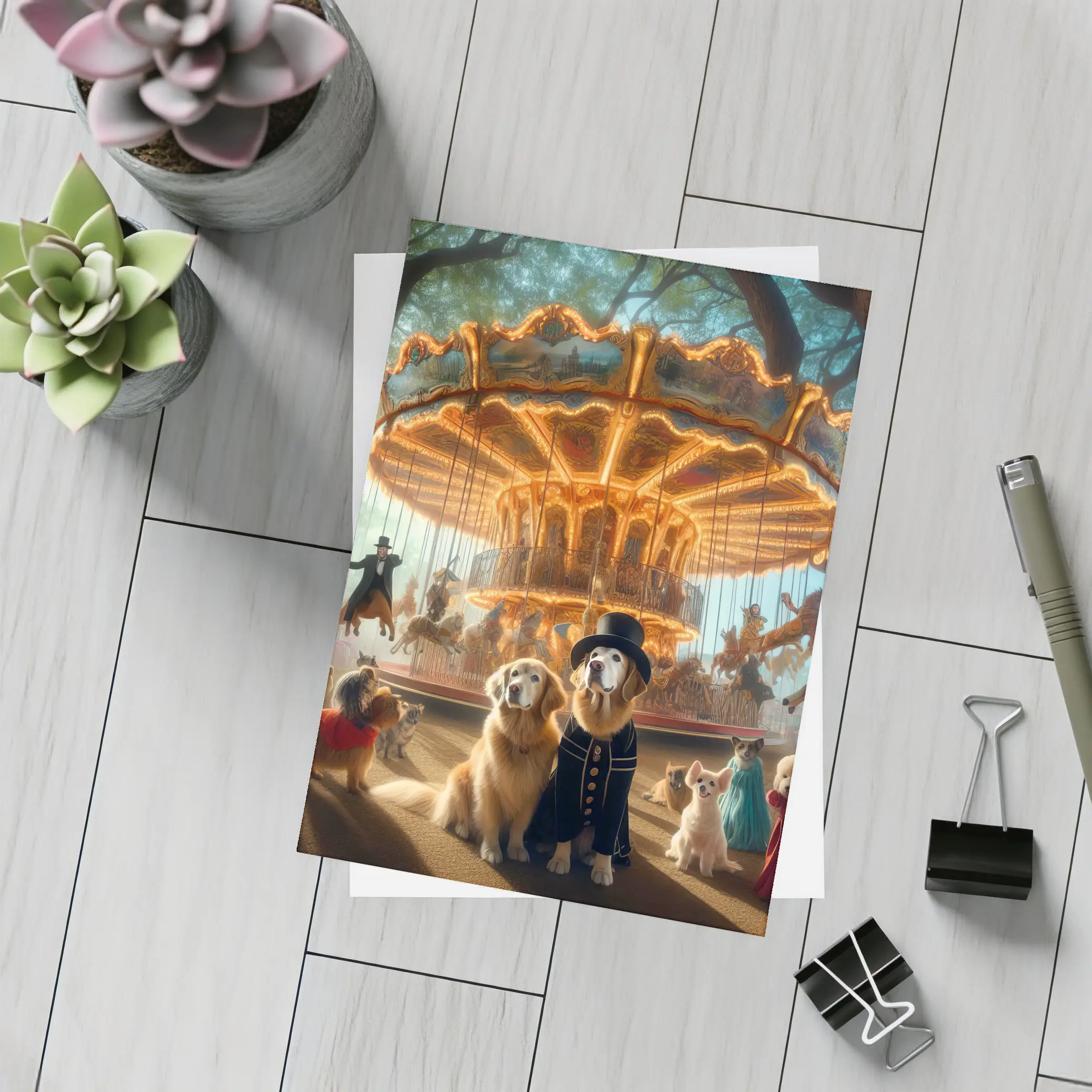 Golden Retriever Dogs Carnival Carousel Fantasy Scene – Postcards