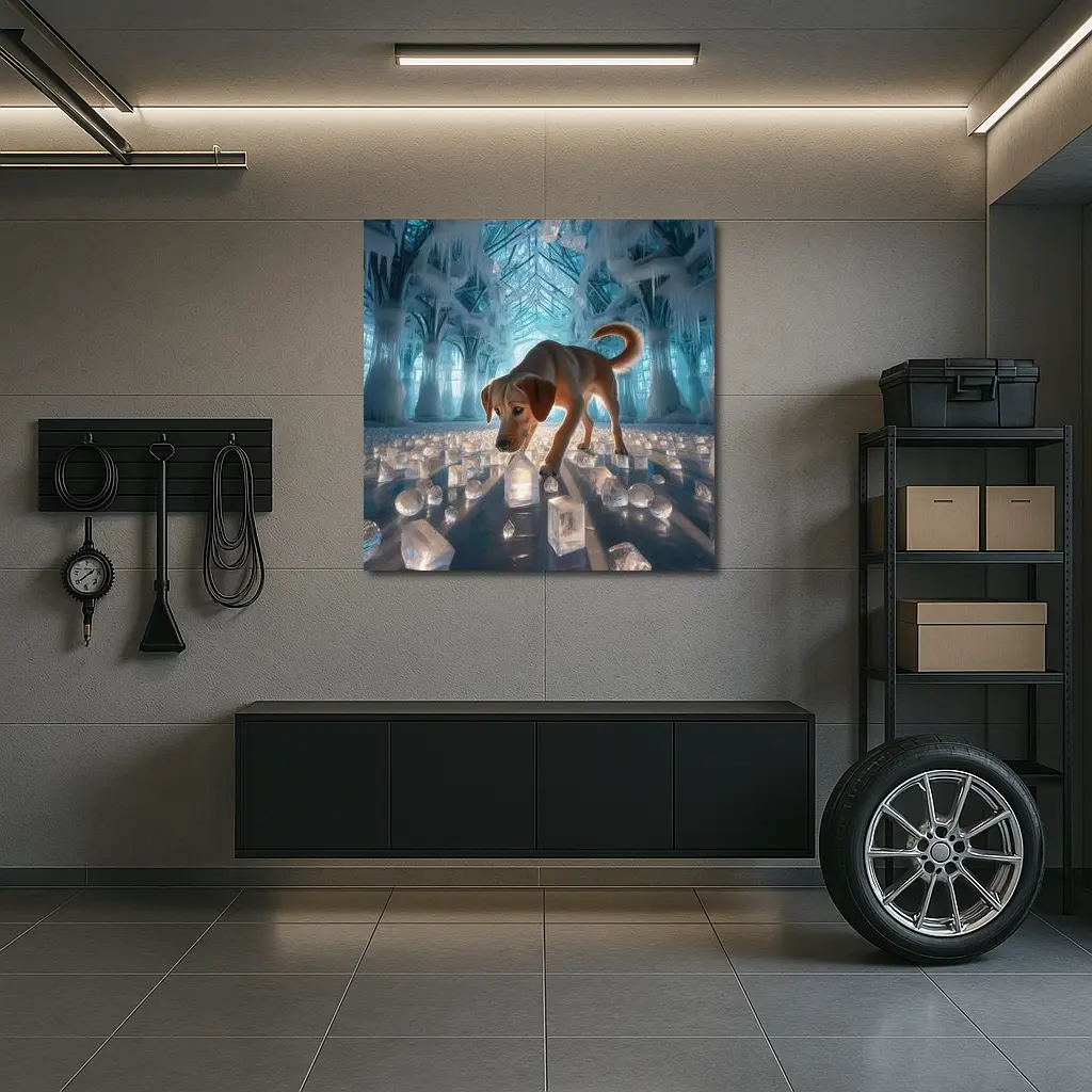 Labrador Puppy Exploring Glowing Ice Palace – Wall Art
