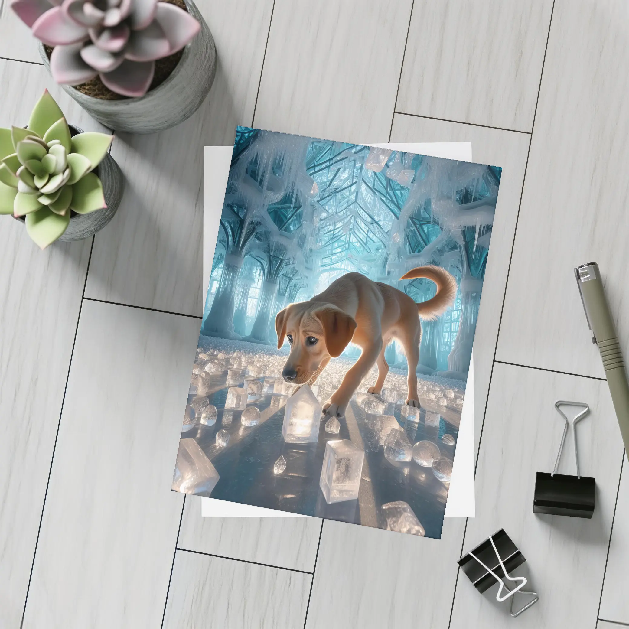 Labrador Puppy Exploring Glowing Ice Palace – Postcards