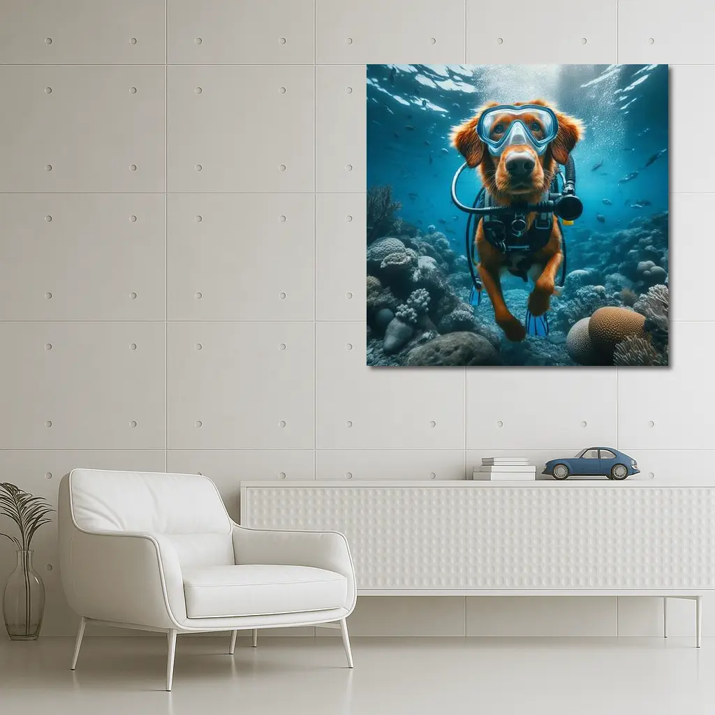 Golden Retriever Scuba Diving Underwater Coral Reef – Wall Art