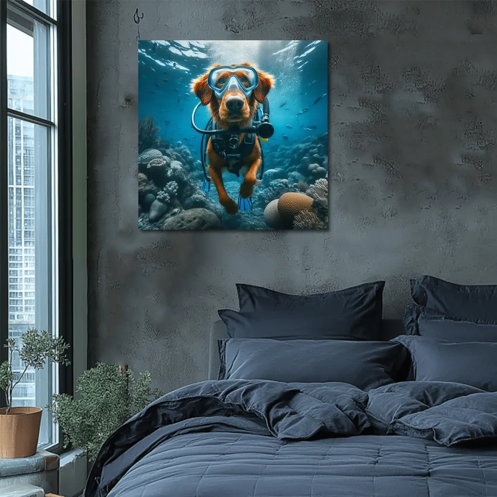 Golden Retriever Scuba Diving Underwater Coral Reef – Wall Art