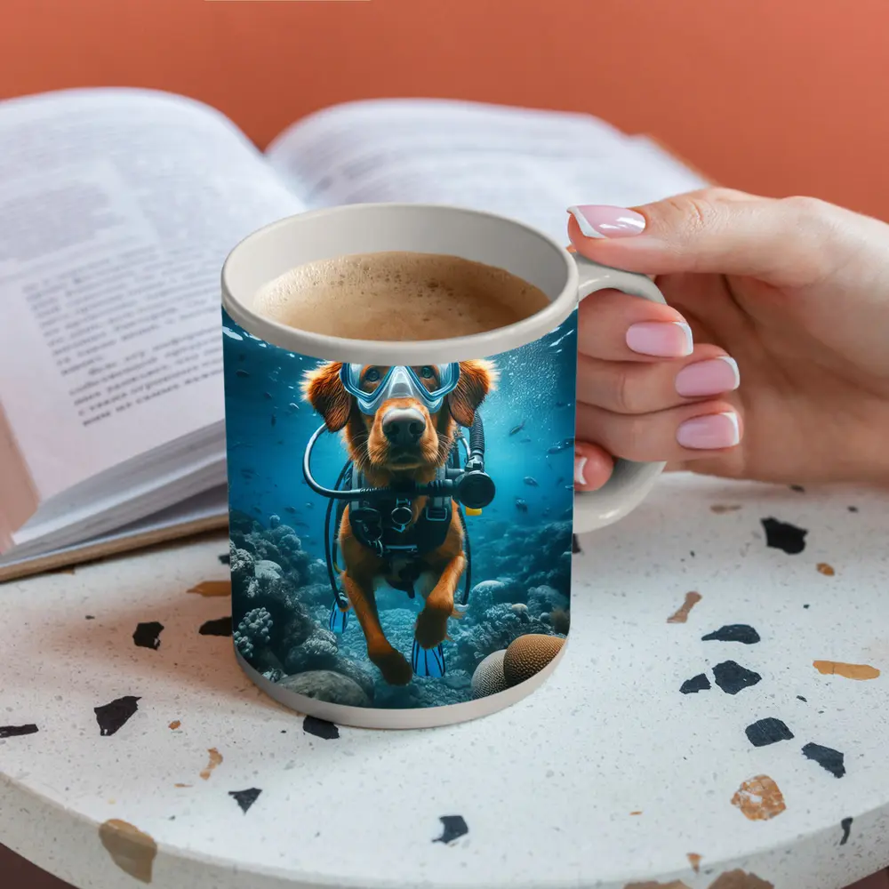 Golden Retriever Scuba Diving Underwater Coral Reef – Mugs