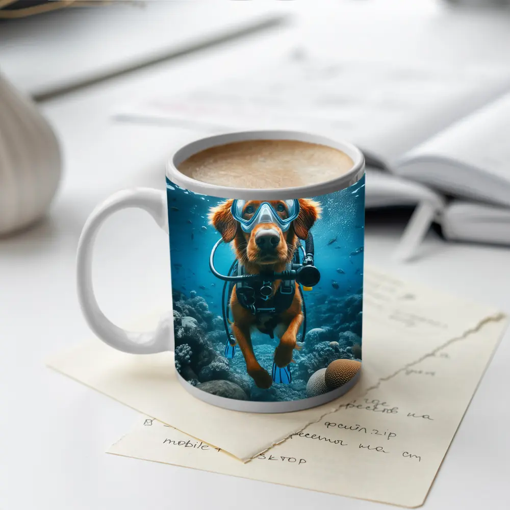 Golden Retriever Scuba Diving Underwater Coral Reef – Mugs