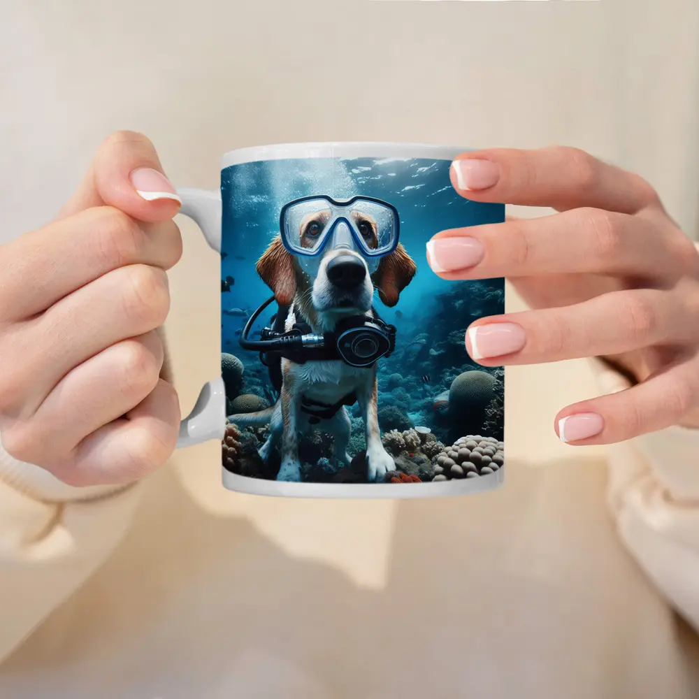 Beagle Dog Scuba Diving Underwater Coral Reef – Mugs
