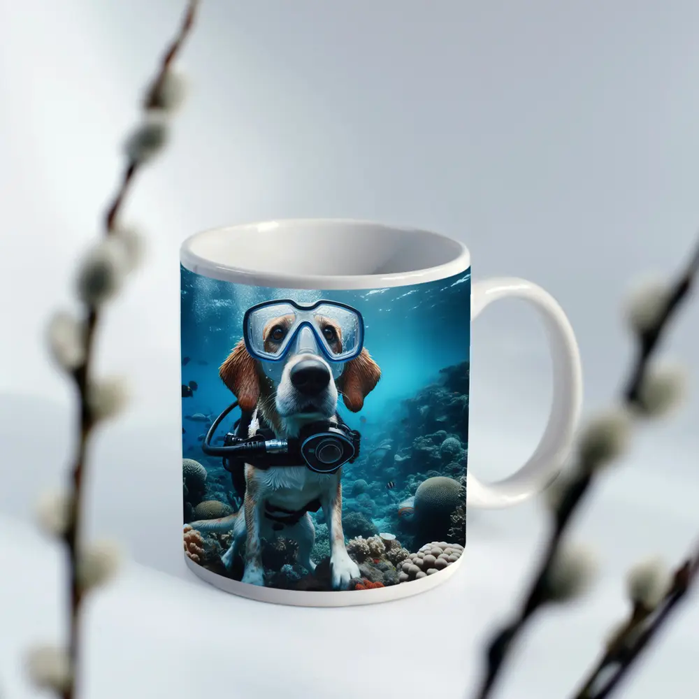Beagle Dog Scuba Diving Underwater Coral Reef – Mugs