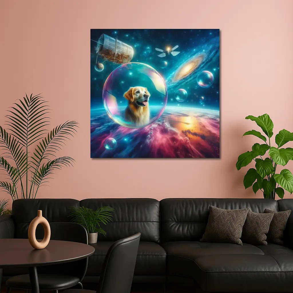 Golden Retriever Floating Bubble Outer Space Galaxy – Wall Art