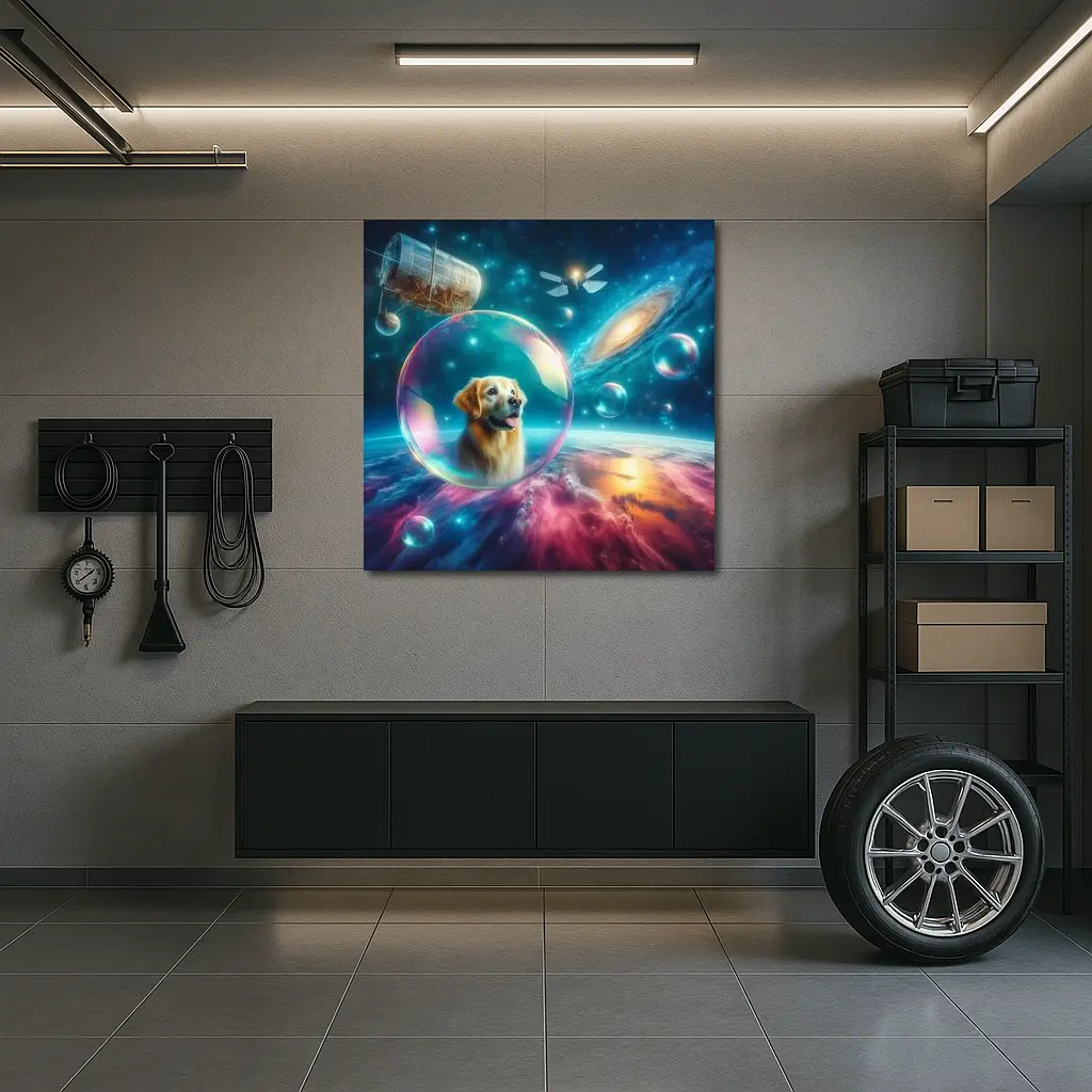Golden Retriever Floating Bubble Outer Space Galaxy – Wall Art