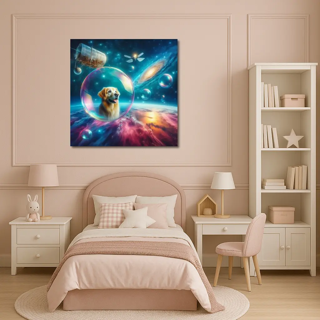 Golden Retriever Floating Bubble Outer Space Galaxy – Wall Art