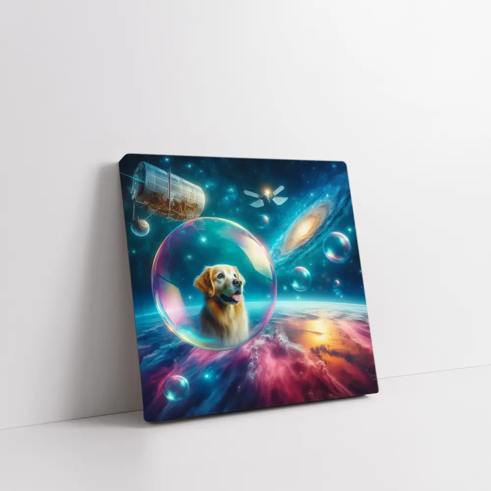 Golden Retriever Floating Bubble Outer Space Galaxy – Wall Art