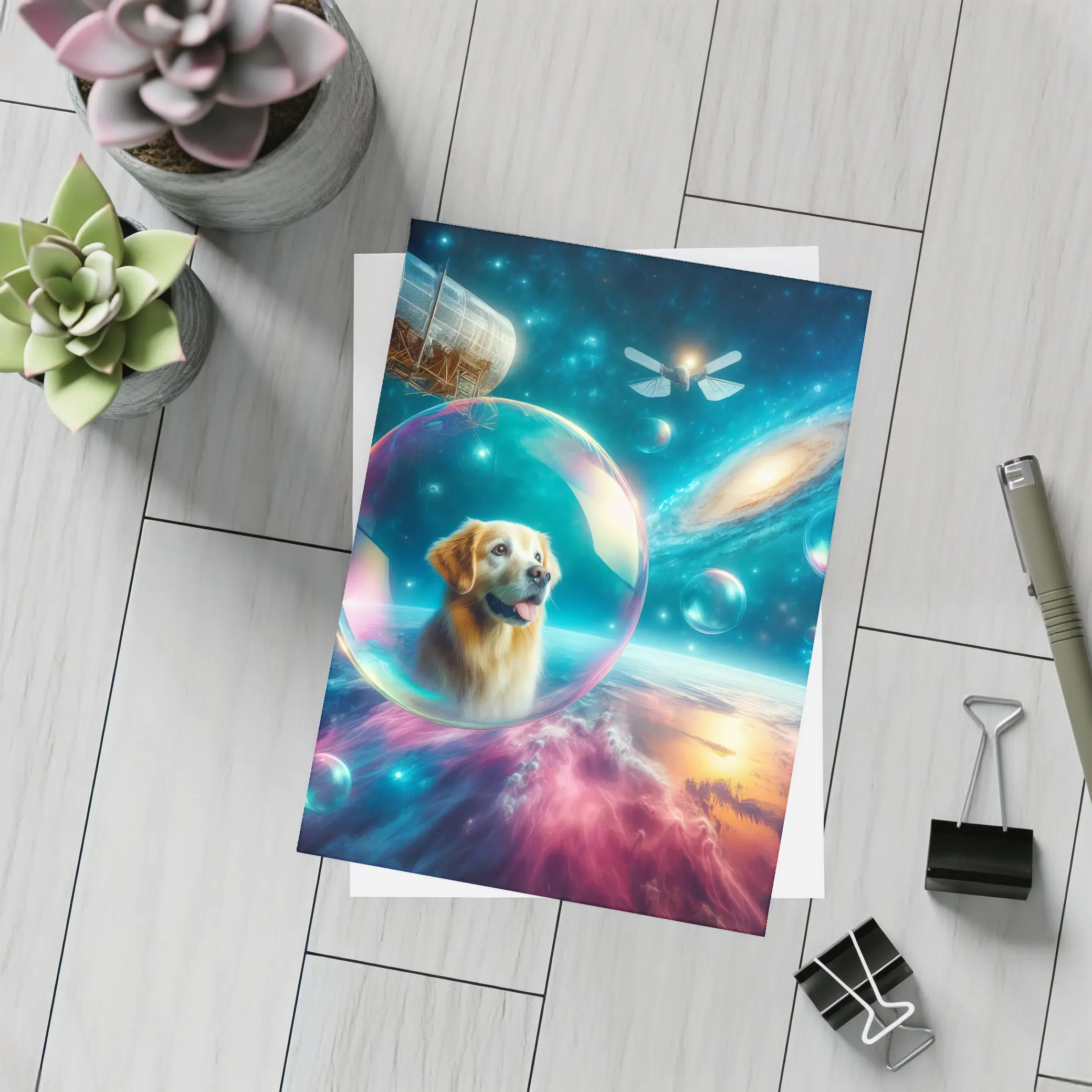 Golden Retriever Floating Bubble Outer Space Galaxy – Postcards