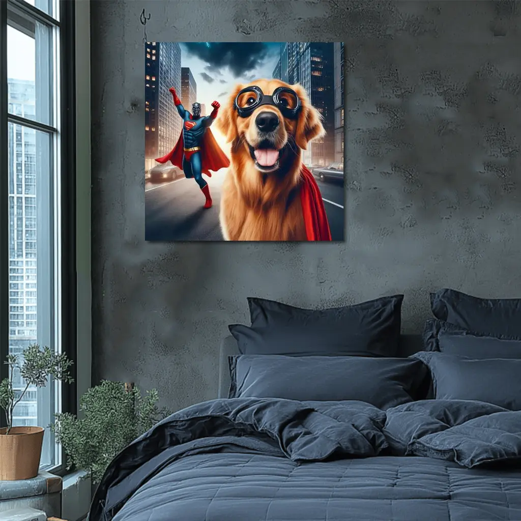 Golden Retriever Superhero Dog City Street – Wall Art