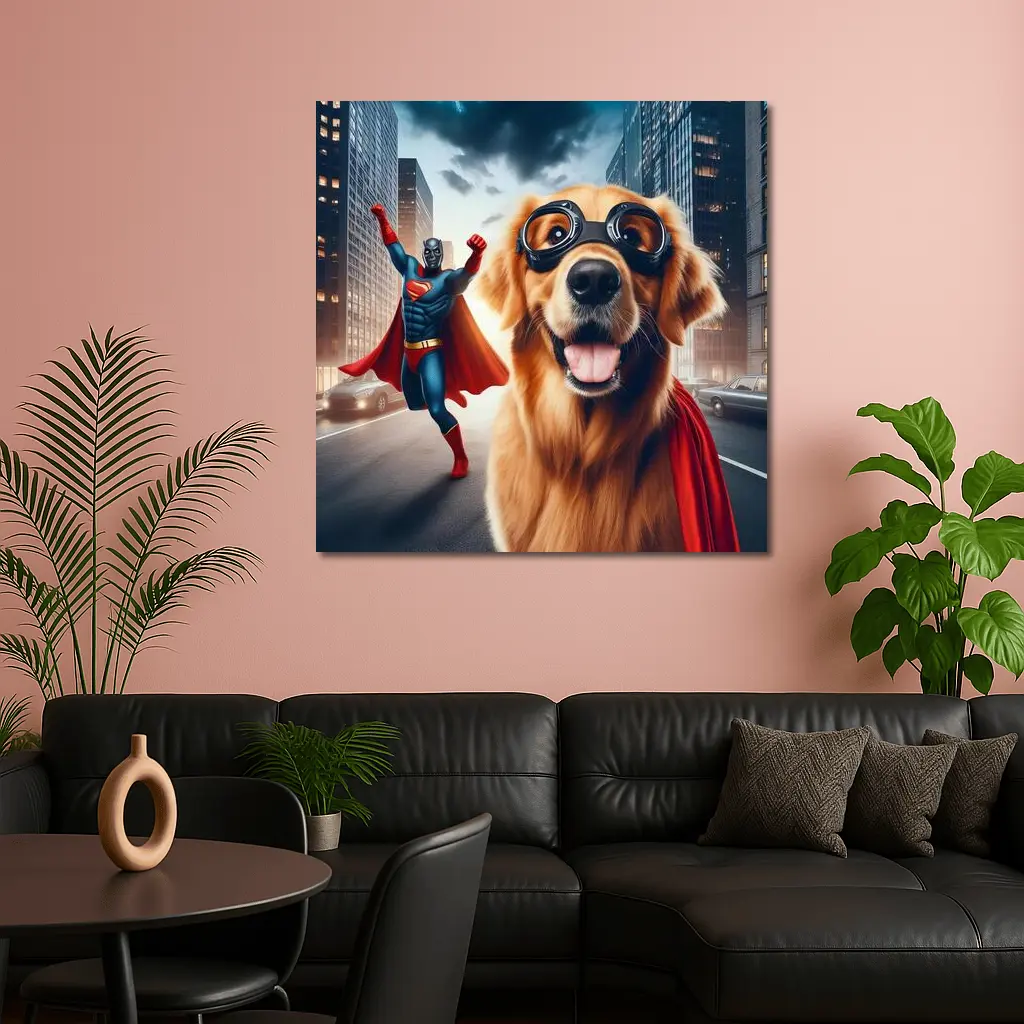 Golden Retriever Superhero Dog City Street – Wall Art
