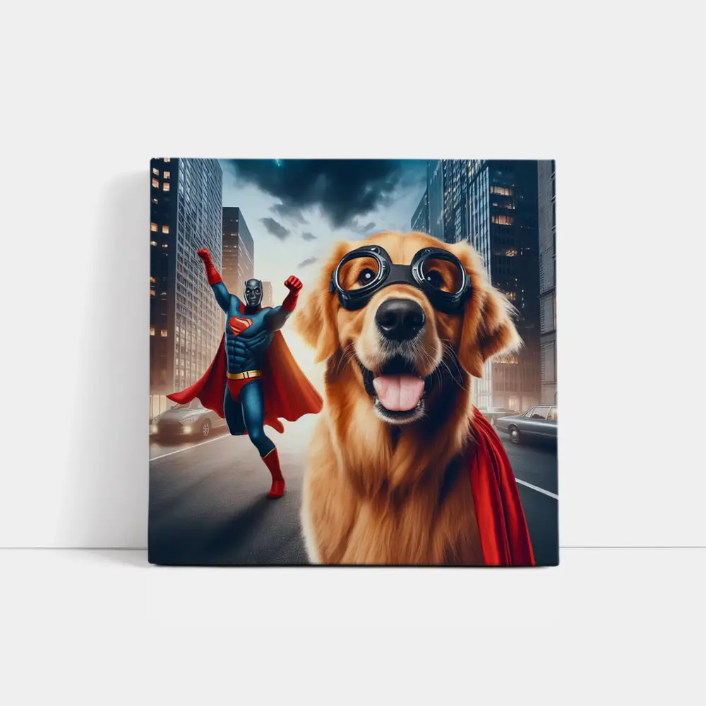 Golden Retriever Superhero Dog City Street – Wall Art