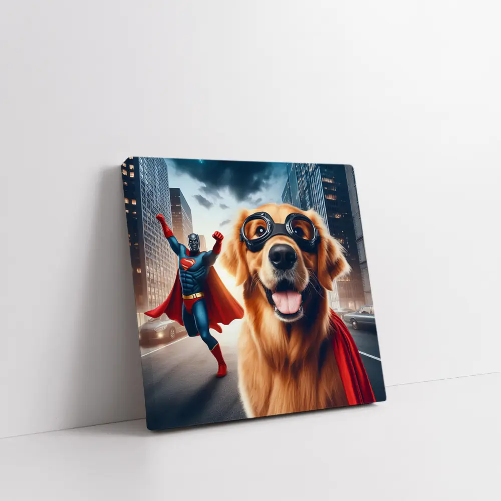Golden Retriever Superhero Dog City Street – Wall Art