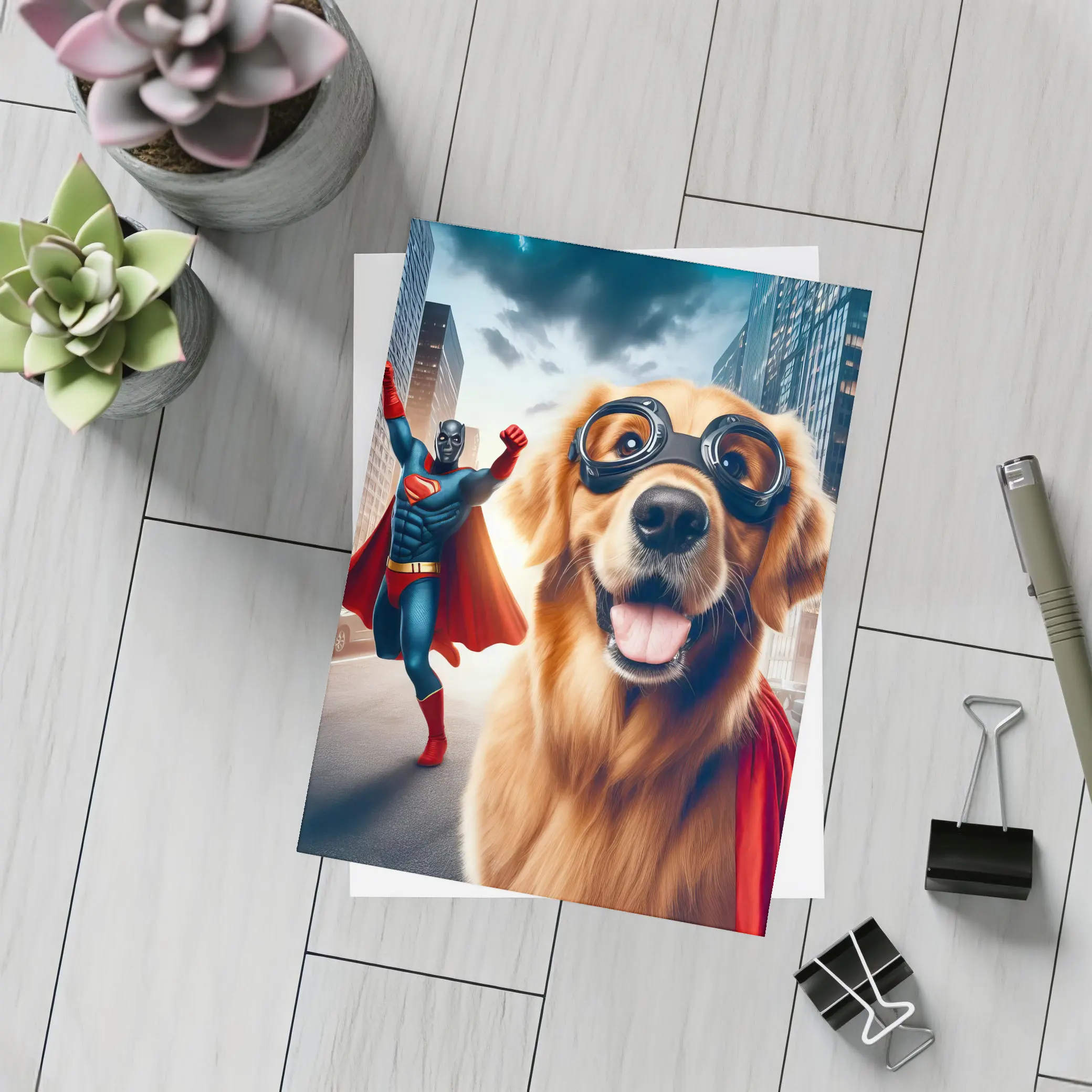 Golden Retriever Superhero Dog City Street – Postcards