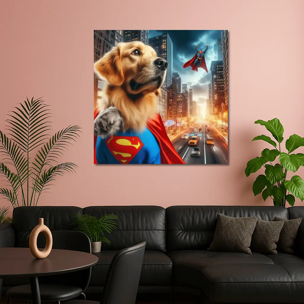 Golden Retriever Superman Cape City Street – Wall Art